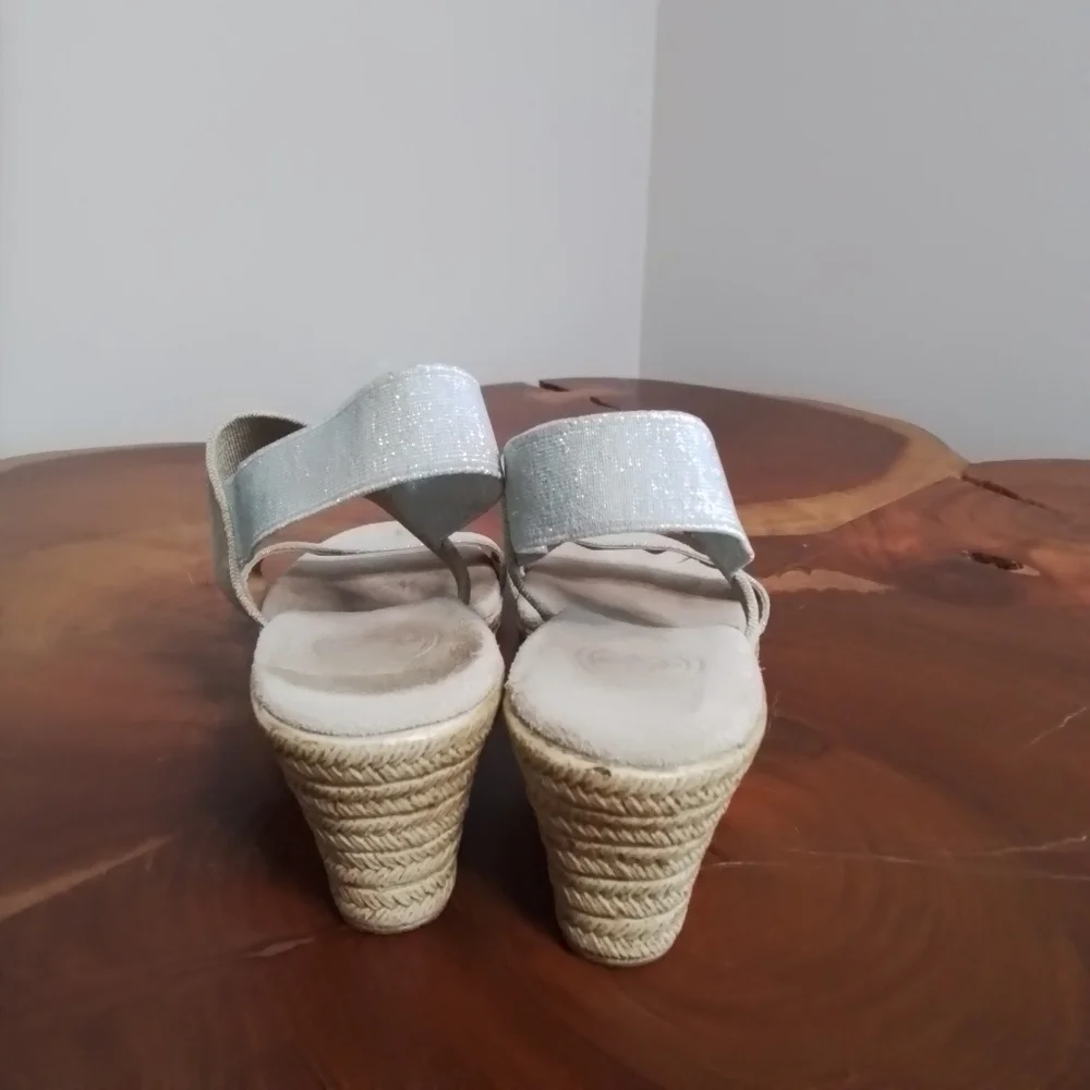 Charleston Shoe Co. Cooper Silver Metallic/Tan/Linen Espadrille Wedge Sandal - 7